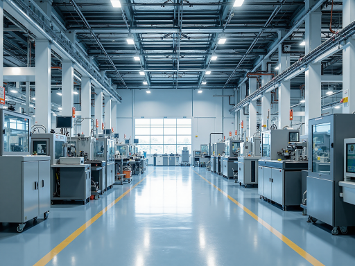 现代化生产车间，宽敞明亮的工厂内部，整齐排列的生产设备，工人们正在认真工作，蓝色背景，明亮自然光