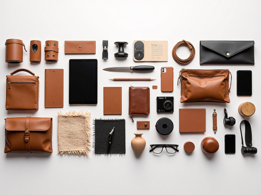 宠物配件用品展示，项圈、牵引绳、梳子、刷子等，金属和皮革制品，整齐摆放，专业摄影背景