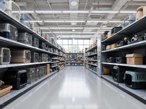 多种宠物食品包装展示，色彩鲜艳的狗粮猫粮包装袋，整齐摆放在货架上，明亮室内光线