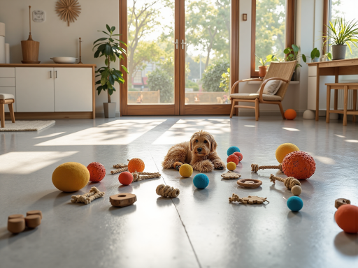 各种宠物玩具展示，毛绒玩具、橡胶球、拉绳玩具等，色彩丰富，摆放整齐，明亮室内环境
