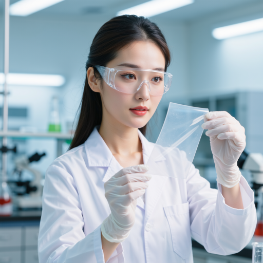 三十岁左右女性头像，穿白色实验服，实验室背景，正面严肃表情，专业技术人员形象